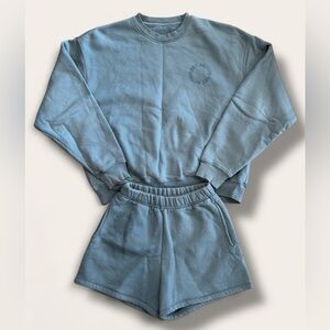 SET Active Cozy Gray Fleece Lined Sweatshirt Short Set Sea Green Blue Medium